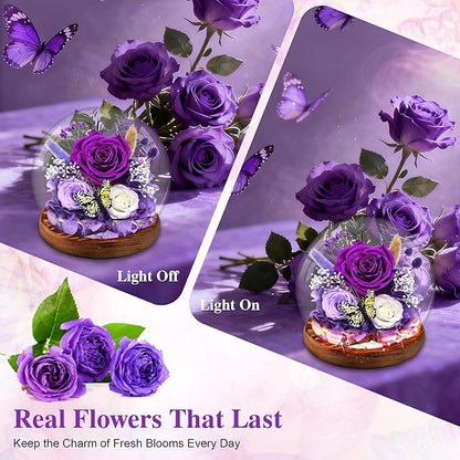 Flowers for Delivery Purple Forever Rose Gift for Women | Long-Lasting Real Flowers in Glass Dome | Christmas Birthday Gifts for Women Mom Sister