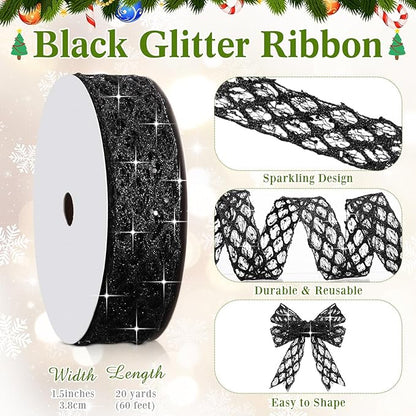 Geosar 20 Yards Black Mesh Glitter Wired Ribbon for Christmas Tree Decorations, Gift Wrapping, DIY Craft, Xmas Wreaths, Cabinet Decor (1.5 Inch)