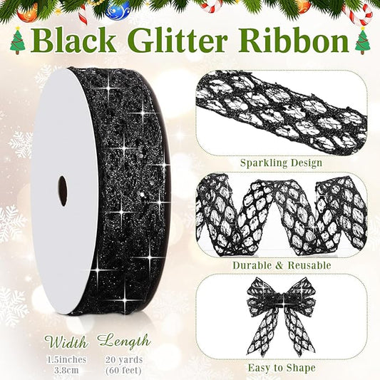 Geosar 20 Yards Black Mesh Glitter Wired Ribbon for Christmas Tree Decorations, Gift Wrapping, DIY Craft, Xmas Wreaths, Cabinet Decor (1.5 Inch)