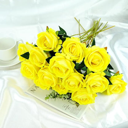 SITUMEIZI 15PCS Yellow Artificial Roses Silk Flowers Fake Roses Realistic Bouquet Long Stem with Gift Box for Mother's Gift Day Home Party Wedding Decorations