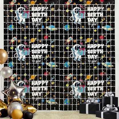 Astronaut Birthday Party Decorations 2 Pack Outer Space Foil Fringe Curtains 3.28 x 6.56Ft Space Tinsel Curtain Backdrop Black Photo Booth Backdrop for Kids Boys Girls Galaxy Birthday Baby Shower