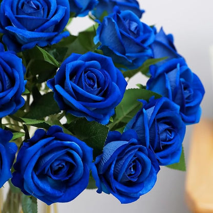 Hawesome Fake Roses Artificial Silk Flowers - 12 Pcs Blue Roses Artificial Faux Flowers with Stems for Home Wedding Centerpiece Hotel Office Decor