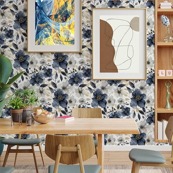 Floral Peel and Stick Wallpaper - Vintage Dark Blue/Gray Flower Removable Boho Wallpaper for Bedroom Bathroom - Renter Friendly Contact Paper - 17.71'x118.1'