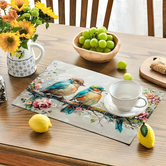 Botanical Birds Placemats Set of 6 Bird Pictures Farmhouse Rustic Flower Kitchen Mats Waterproof Washable Table Mats for Kitchen Dining Decoration 6 PCS