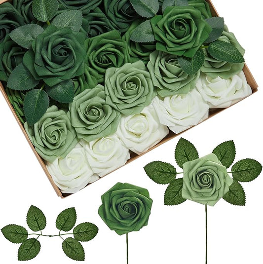 InnoGear Artificial Flowers, 50 Pcs Shades of Forest Rose Foam Fake Roses Bulk with Stems for Spring Decoration DIY Wedding Bouquets Centerpieces Bridal Shower Party Christmas Tree