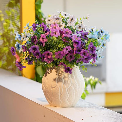 Artificial Flowers for Outdoor Indoor Garden Home Decoration, Faux Flower Daisy with Eucalyptus Leaves Fake Plants Greenery Boxwood Porch Patio, 10 Bundles (Purple-Blue)