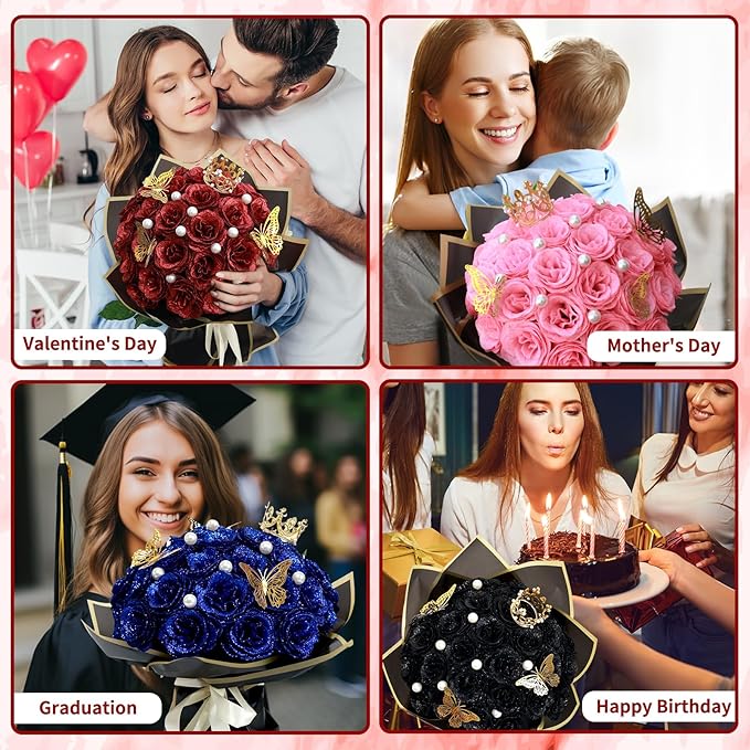 Glitter Roses Bouquet Graduation Gifts, Shiny Artificial Roses Flowers with Stems DIY Fake Glitter Flowers Bouquet for Anniversary Graduation Birthday Wedding, 24 Roses (Pink)