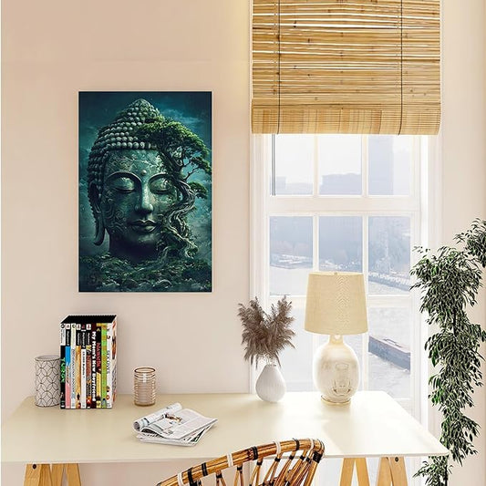 Buddha statue wall art canvas wall decor aesthetic picture mystical nature art for tranquil home and spiritual space 8x12in Wood Framed