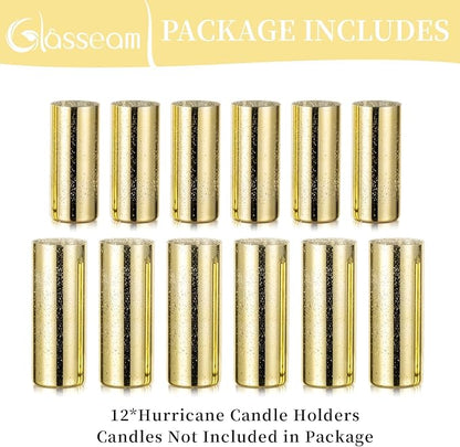 Glasseam Gold Cylinder Vases for Centerpieces: 12 Modern Mercury Hurricane Glass Vase Set for Flowers - Decorative Golden Pillar Candle Holders for Wedding Party Dining Room Table Decor