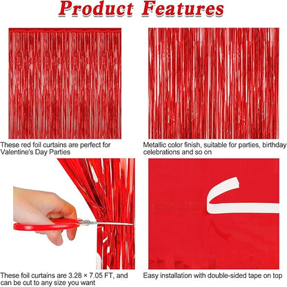 12 Pack Red Curtains, 3.28 FT x 7.05 FT Party Streamer, Metallic Party Backdrop Birthday Streamer Foil Curtains, Fringe Tinsel for Red Party Decor Casino Theme Decorations Party Supplies