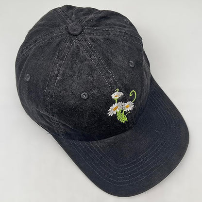 Cute Flower Hat, Elegant Floral Embroidered Adjustable Baseball Cap for Men Women, Gifts for Flower Lovers, Black