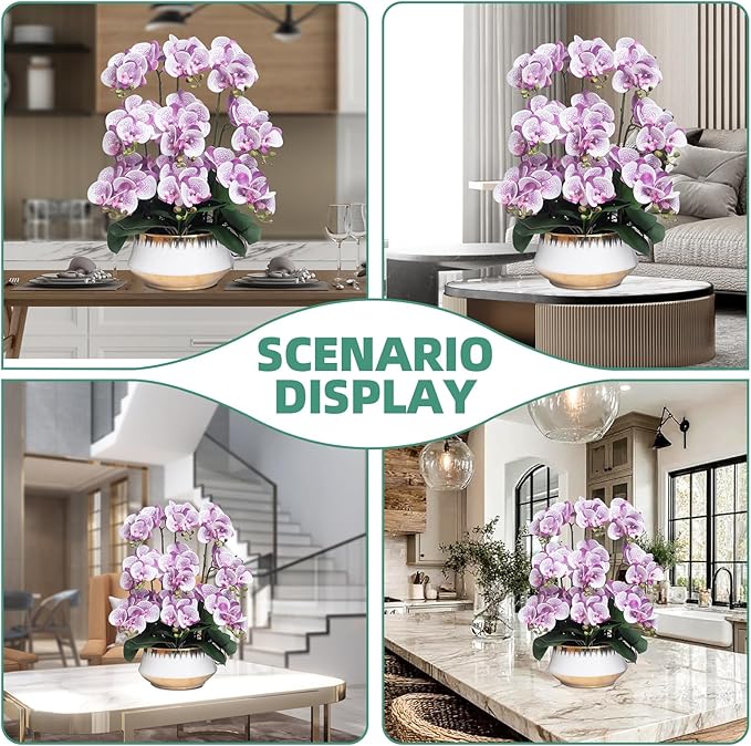 CXGS Orchids Artificial Flower Real Touch Faux Orchid in Large Ceramic Vase Realistic Fake Phalaenopsis Floral Arrangements Centerpiece Table Home Indoor Decor