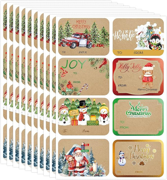 AuroTrends Jumbo Christmas Name Tags Stickers 80 Pcs/8 Designs- Kraft Name Tags for Christmas Presents Christmas Tags Stickers with Relective Metallic Foil
