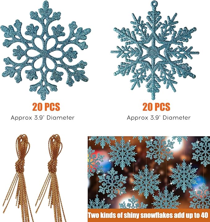 RECUTMS 40Pieces Blue Glitter Snowflake Winter Snowflake Ornaments Christmas Hanging Decorations for Christmas Tree Wedding Embellishing Party Decorations,4 Inches,2 Pattern (Blue)