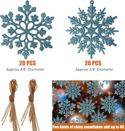 RECUTMS 40Pieces Blue Glitter Snowflake Winter Snowflake Ornaments Christmas Hanging Decorations for Christmas Tree Wedding Embellishing Party Decorations,4 Inches,2 Pattern (Blue)