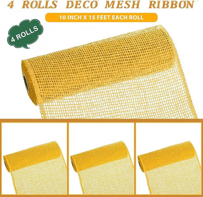 Chuangdi 4 Rolls Spring Poly Burlap Mesh Poly Burlap Deco Ribbon Mesh Roll for Summer Easter 4th of July DIY Flower Wreath Garland, 10 Inch(Yellow)