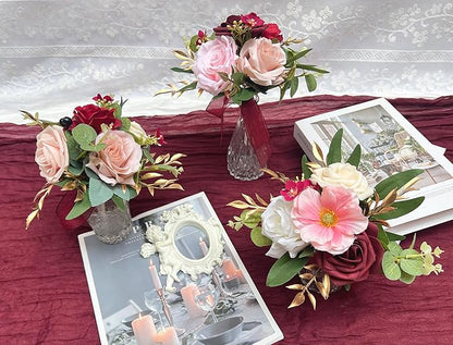 Marriwise Set of 6 Burgundy Red Assorted Wedding Flower Centerpieces Pre-Made Mini Bridesmaid Bouquets Artificial Floral Rose Table Decor for Wedding Decorations Shower Home Decor (Burgundy Red)