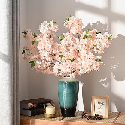 Sunm Boutique Champagne Faux Cherry Blossom Branches, Artificial Cherry Blossom Stems Cherry Blossom Flowers Vase Arrangements for Wedding Home Party Kitchen Decor, Set of 3