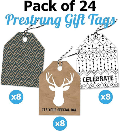 Pro Supply Global 24 Count of 2.5 Inch x 3 Inch Pre Strung Deer Heads Gift Tag Assorted Printed Designs on Large Cardstock Gift Hang Tags - Ideal to Use on Bags