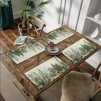 Rustic Forest Trees Placemats Set of 4, Misty Woodland Nature Table Mats Place Mats for for Kitchen Dining Table Decoration 16.9x11.4 Inch