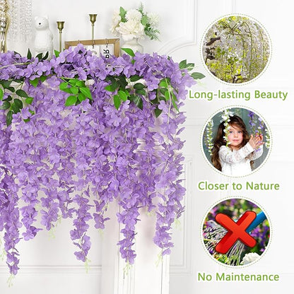 Yastouay 38 Pcs Wisteria Hanging Flowers, 3.77 Ft/Pcs Artificial Hanging Flowers, Purple Fake Wisteria for Wedding Party Ceremony Backdrop Home Decoration