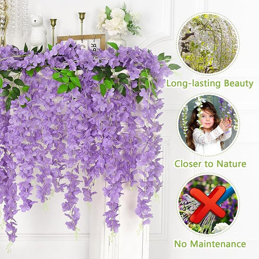 Yastouay 38 Pcs Wisteria Hanging Flowers, 3.77 Ft/Pcs Artificial Hanging Flowers, Purple Fake Wisteria for Wedding Party Ceremony Backdrop Home Decoration
