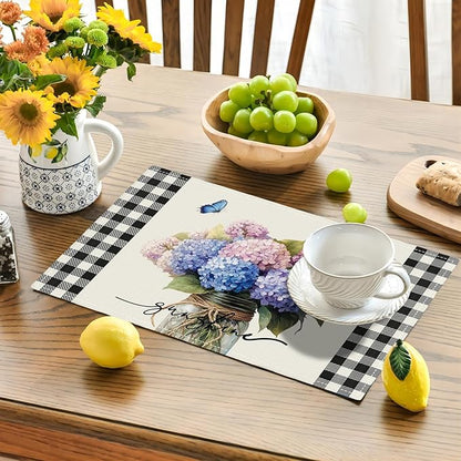 Farmhouse Hydrangea Placemats Set of 6, Country Sunshine Flowers Place Mats, Rustic Spring Butterfly Dining Table Mats, Washable Placemats for Kitchen Dining Room 18L'' × 12W''