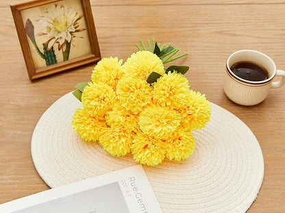 SITUMEIZI 12 Pcs Yellow Artificial Chrysanthemums Flowers Ball Flower Fake Mums Silk for Fall Thanksgiving Day Wedding Home Kitchen Decoration Floral Arrangement