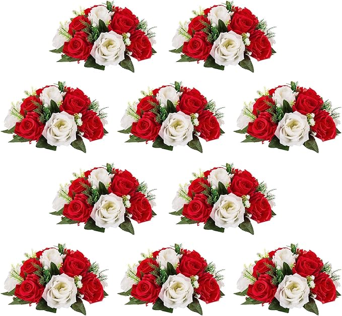 NUPTIO Flower Centerpieces for Wedding Tables: 10 Pcs Red & White Artificial Flower Ball Arrangement for Christmas Thanksgiving Party - 2 Pcs Fake Floral Rose for Bridal Shower Decor
