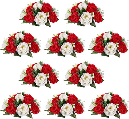 NUPTIO Flower Centerpieces for Wedding Tables: 10 Pcs Red & White Artificial Flower Ball Arrangement for Christmas Thanksgiving Party - 2 Pcs Fake Floral Rose for Bridal Shower Decor