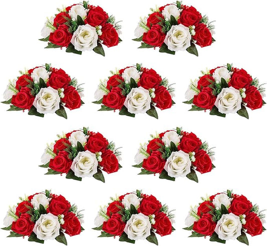 NUPTIO Flower Centerpieces for Wedding Tables: 10 Pcs Red & White Artificial Flower Ball Arrangement for Christmas Thanksgiving Party - 2 Pcs Fake Floral Rose for Bridal Shower Decor