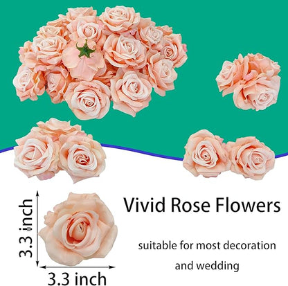 Artificial Satin Rose Flower Heads,48 Pcs Silk Rose Heads with Stems,3.3'' Rose Artificial Flowers Bulk,Artificial Rose Flower Heads for DIY Crafts Bouquet (48, Blush)