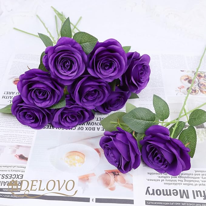 52pcs Purple Roses Artificial Flowers Fake Flowers Silk Roses with Stems for DIY Wedding Bouquets Bridal Shower Centerpieces Arrangements Party Decorations