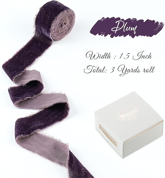 Plum Velvet Ribbon 1.5 Inch Frayed Silk Velvet Rustic Mauve Purple Christmas Ribbon for Gift Wrapping, Wedding Invitation Bridal Bouquet -3yards
