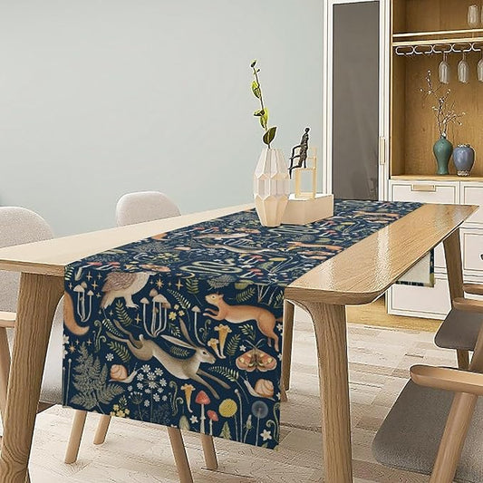 Fairy Forest Table Runner, Rustic Retro Woodland Wildlife Owl Squirrel Flowers Mushroom Seasonal Holiday Kitchen Dining Coffee Table Decoration For Home Indoor Outdoor Party Wedding, 13x36inch