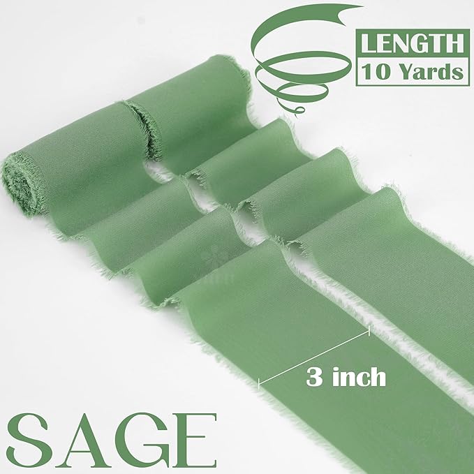 MEEDEE Sage Chiffon Ribbon 3 Inch Green Frayed Ribbons Sage Green Chiffon Silk Light Green Ribbon Wide Chiffon Ribbons for Crafts, Flower Bouquet, Wedding Favors Wrapping (2 Rolls 10 Yards)