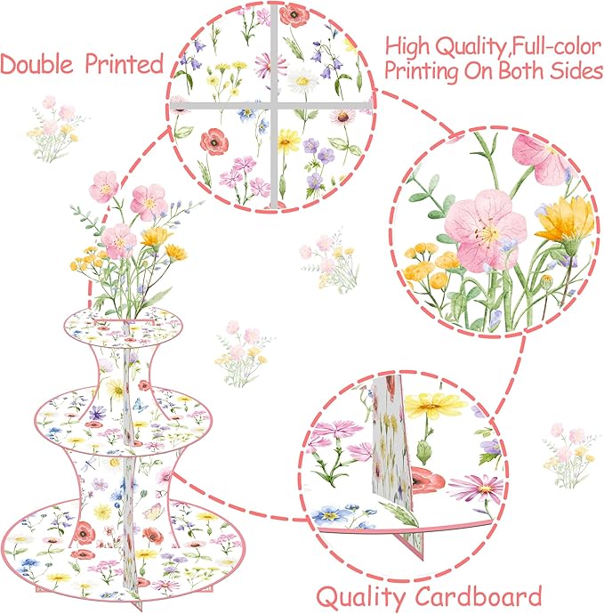 Wildflower Cupcake Stand Spring Wildflower Birthday Party Decorations Wildflower Cupcake Holder 3 Tiers Floral Dessert Towers for Flower Theme Baby Shower Supplies