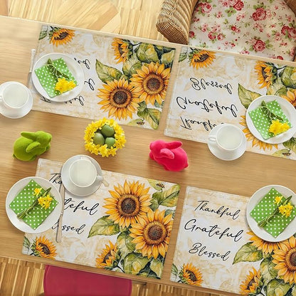Farmhouse Sunflower Placemats Set of 6, Thankful Grateful Blessed Place Mats, Rustic Bee Dining Table Mats, Washable Placemats for Kitchen Dining Room Home Decor 18L'' × 12W''
