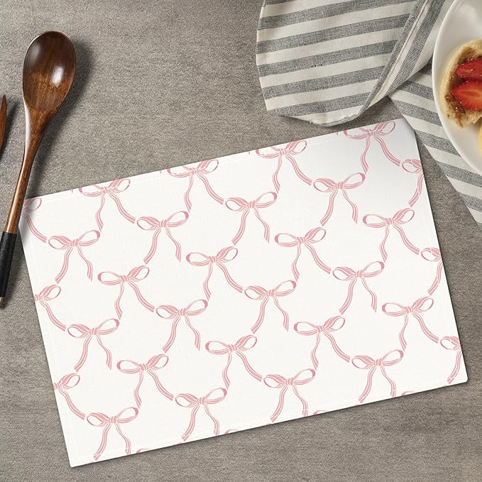 Placemats Set of 4, Pink Bow Table Mat for Home Kitchen, Restaurants, Outdoor Linen Washable Place Mats 12x18 inch Party Event Dining Decoration-06