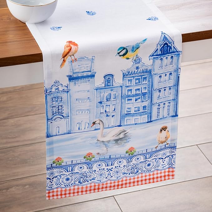 Maison d'Hermine Table runner 100% Cotton SingleLayer TableRunners 108 inches long Decorative for Home Kitchen Dining Party Baby Shower Wedding Bridal Shower SpringSummer(Amsterdam Canals,14.50"x108")