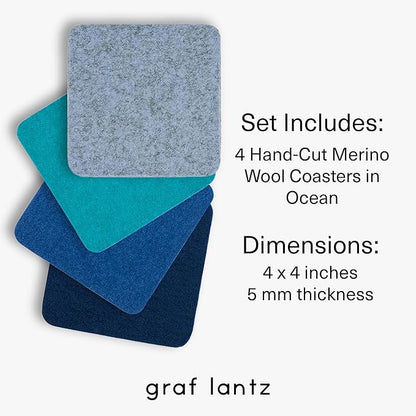 Graf Lantz - Bierfilzl Merino Wool Square Coasters Set of 4 - Ocean (4"x4"x5mm) - Absorbs 30% of Weight - Natural German Wool - Heat Resistant, Sustainable, Reusable - Home Decor, Coffee Table Decor