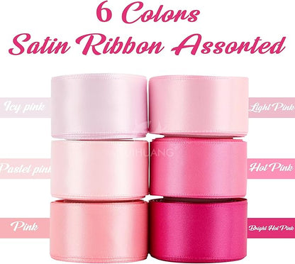HUIHUANG Pink Satin Ribbon 1 inch Baby/Light/Hot Pink Double-Faced Satin Ribbons for Flower Bouquet, Gift Wrapping, DIY Crafts, Bridal Shower Wedding Decor- 6 Rolls, Total 30 Yards