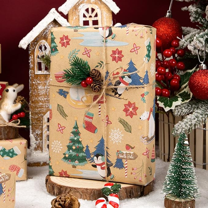 MAYPLUSS Christmas Wrapping Paper Roll - 17IN X 33FT - Kraft Gift Wrapping Paper Featuring Cute Polar Bear Penguin Christmas Tree Holly Reversible Cut Lines for Kids, Holiday, New Year