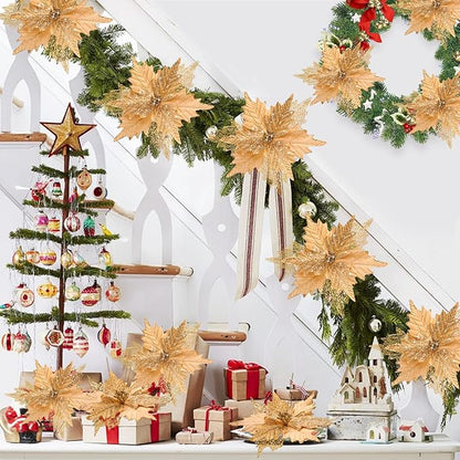 10'' Large Christmas Glitter Poinsettia Flowers Decorations, stadeco 10 Pcs Christmas Tree Picks Ornaments Artificial Flowers with Long Stems for Xmas Tree Wreath Garland Wedding Party DIY Decor