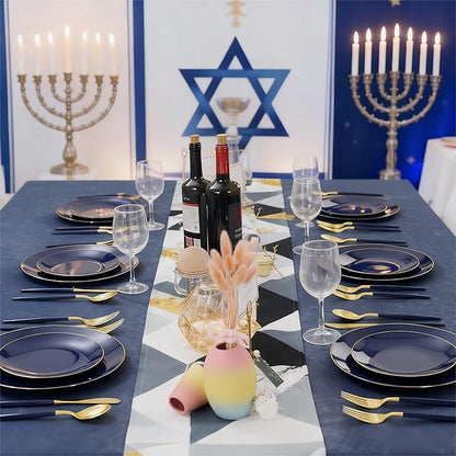 Liacere 150PCS Blue Plastic Plates - Gold Plastic Silverware with Blue Handle - Navy Disposable Plates Include 30 Guests Plates,Forks,Spoons,Knives for Hanukkah & New Year & Hanukkah
