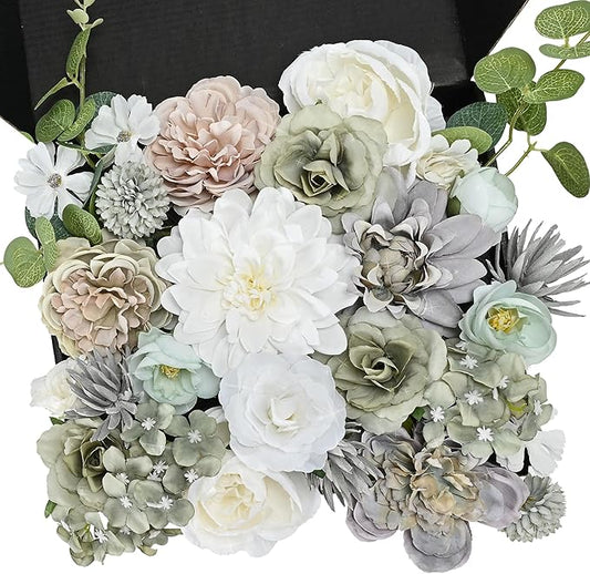 Artificial Flowers Combo Box, Fake Silk Foam Flower Mix with Wire Stem, DIY Wedding Bridal Bouquet Shower Party Home Décor (30-40 Pieces) (Dusty Green)