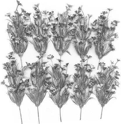 Artificial Plants Decor, Fake Glitter Clover Stem Plastic Flowers Stems Faux Simulation Good Luck Grass Twigs Plant for Wedding Picks Decoration DIY Wreath Crafts Christmas Tree Filler Silver 10 Pcs