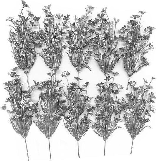 Artificial Plants Decor, Fake Glitter Clover Stem Plastic Flowers Stems Faux Simulation Good Luck Grass Twigs Plant for Wedding Picks Decoration DIY Wreath Crafts Christmas Tree Filler Silver 10 Pcs