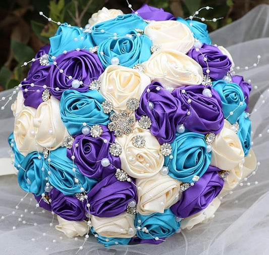 Bridal Wedding Bouquet Round Bling Brooch Bouquet Throw Toss Artificial Rose Flower Bunch for Bride Bridesmaid Wedding Quinceanera(Teal Blue, Purple & Cream, 6.3")