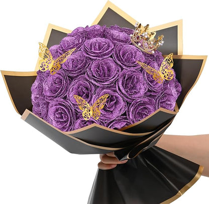 Waipfaru Glitter Roses Bouquet, DIY Lilac Fake Flowers Bouquet, Birthday Gifts for Women Mom, 36 Pcs Rose for Grandma Wife Girlfriend Valentines, Mothers Day, Anniversary, Graduation